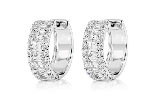 Baguette And Round Border Diamond Hoop Earrings 14k 10k Solid Gold