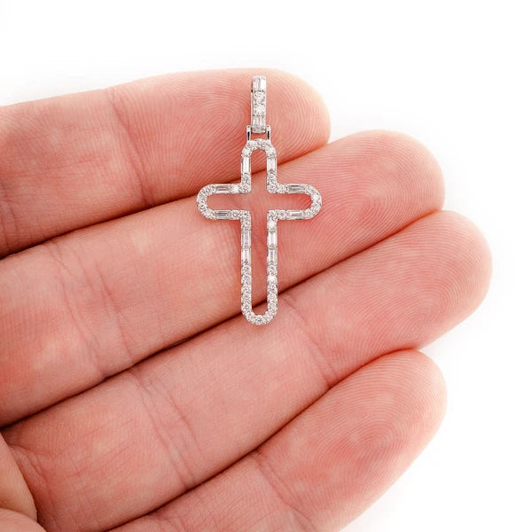 Rounded Open Round And Baguette Diamond Cross Pendant 14k 10k Solid Gold 0.50ctw