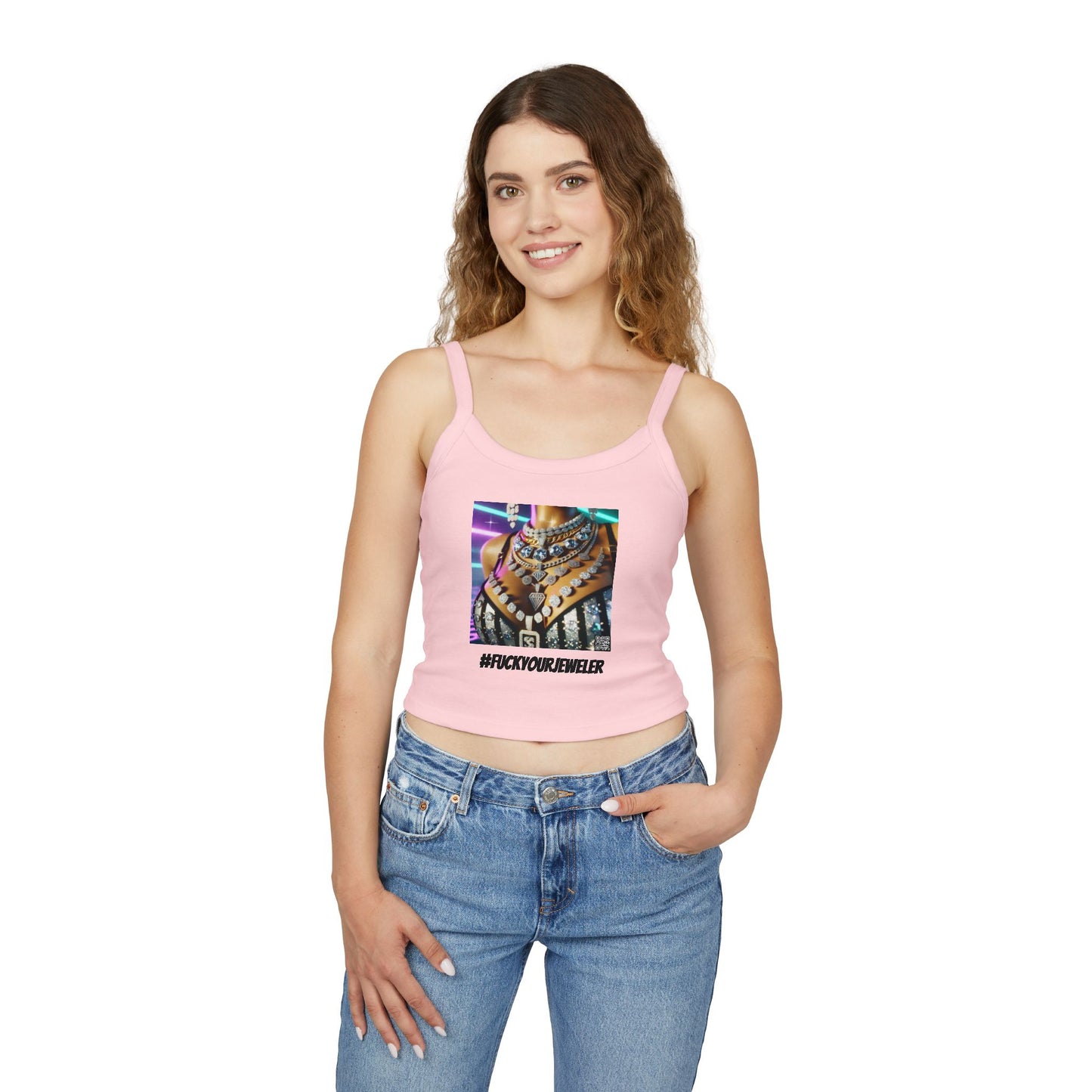 Trendy Women's Spaghetti Strap Tank Top with Bold #F#CKYOURJEWELER Print