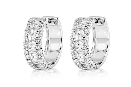 Baguette And Round Border Diamond Hoop Earrings 14k 10k Solid Gold