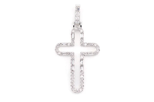 Rounded Open Round And Baguette Diamond Cross Pendant 14k 10k Solid Gold 0.50ctw